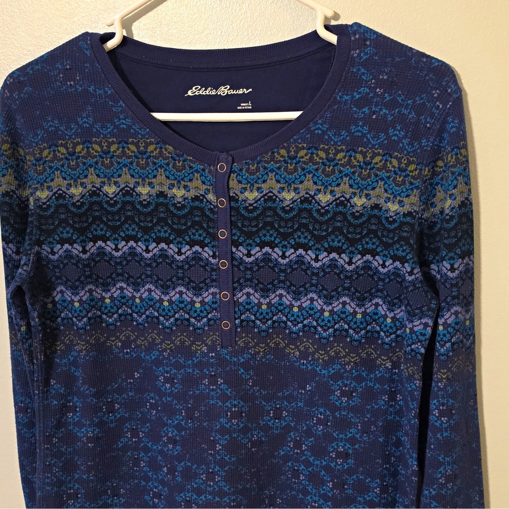 Eddie Bauer Blue Fair Isle Knit Cotton Round Neck LS Henley Top Women's L #321